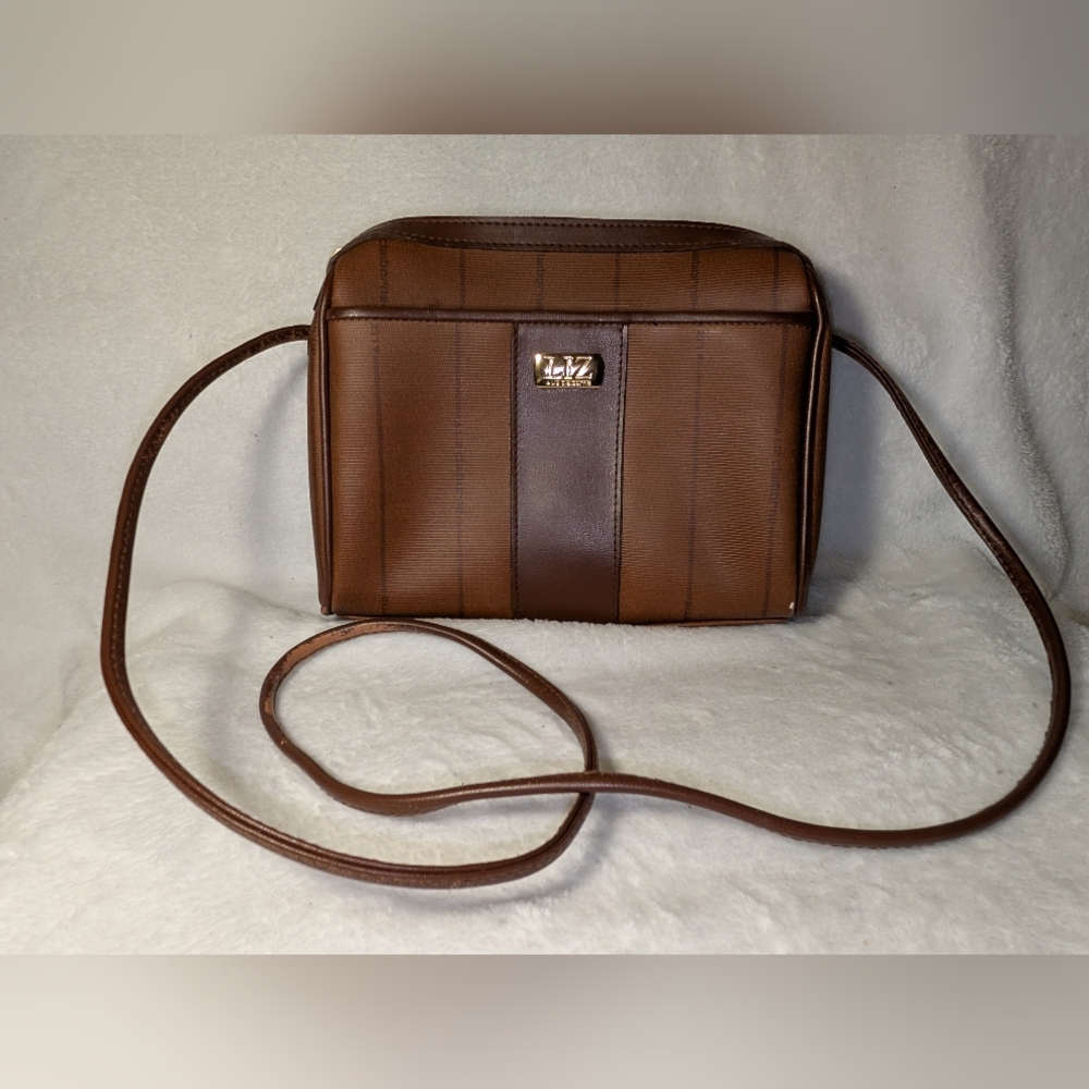 Liz Claiborne Vintage Brown Pinstripe Polyvinyl Crossbody Bag